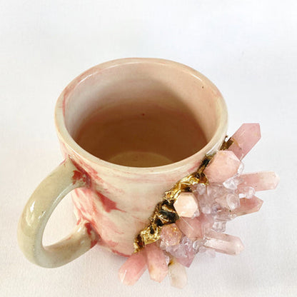 Set of 2 |Personalised Pink Marble Effect Ceramic Big Coffee/Tea/Juice Mug with Gold Plated Rose Quartz/Agate Semi-precious | 11 oz/325 ml