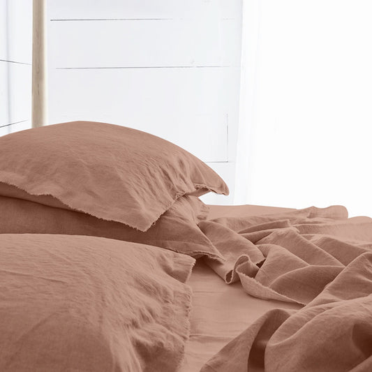 Raw Edged Clay - 100% Pure Linen | Linen Cotton Mix | 3 Piece Duvet Cover Set | 4 Piece Sheet Set | Handmade | Pre-washed | Soft