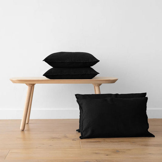 Black-Set of 2 | Raw Edged Pillow Covers, Cushion Covers (Covers only) in Pure Linen | Super Soft | Pre-washed