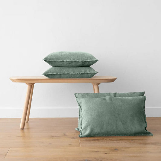 Saga Green - Set of 2 | Raw Edged Pillow Covers, Cushion Covers (Covers only) in Pure Linen | Super Soft | Pre-washed