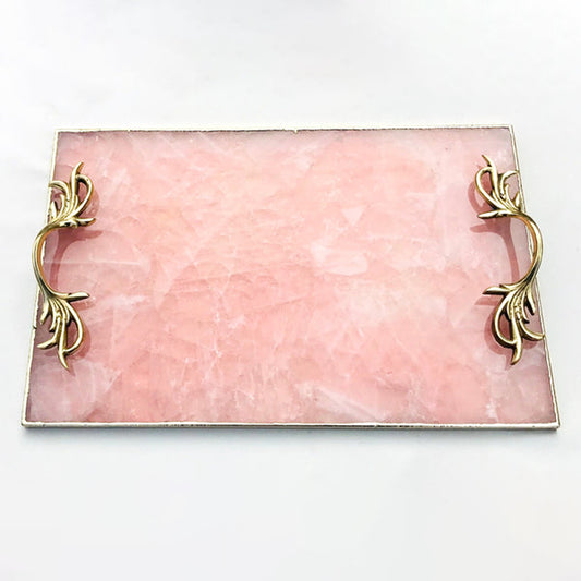 Rose Quartz Agate Serving Tray With Brass Handles