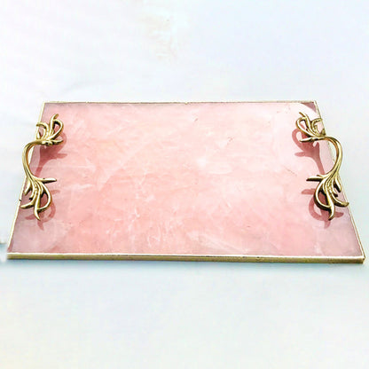 Rose Quartz Agate Serving Tray With Brass Handles