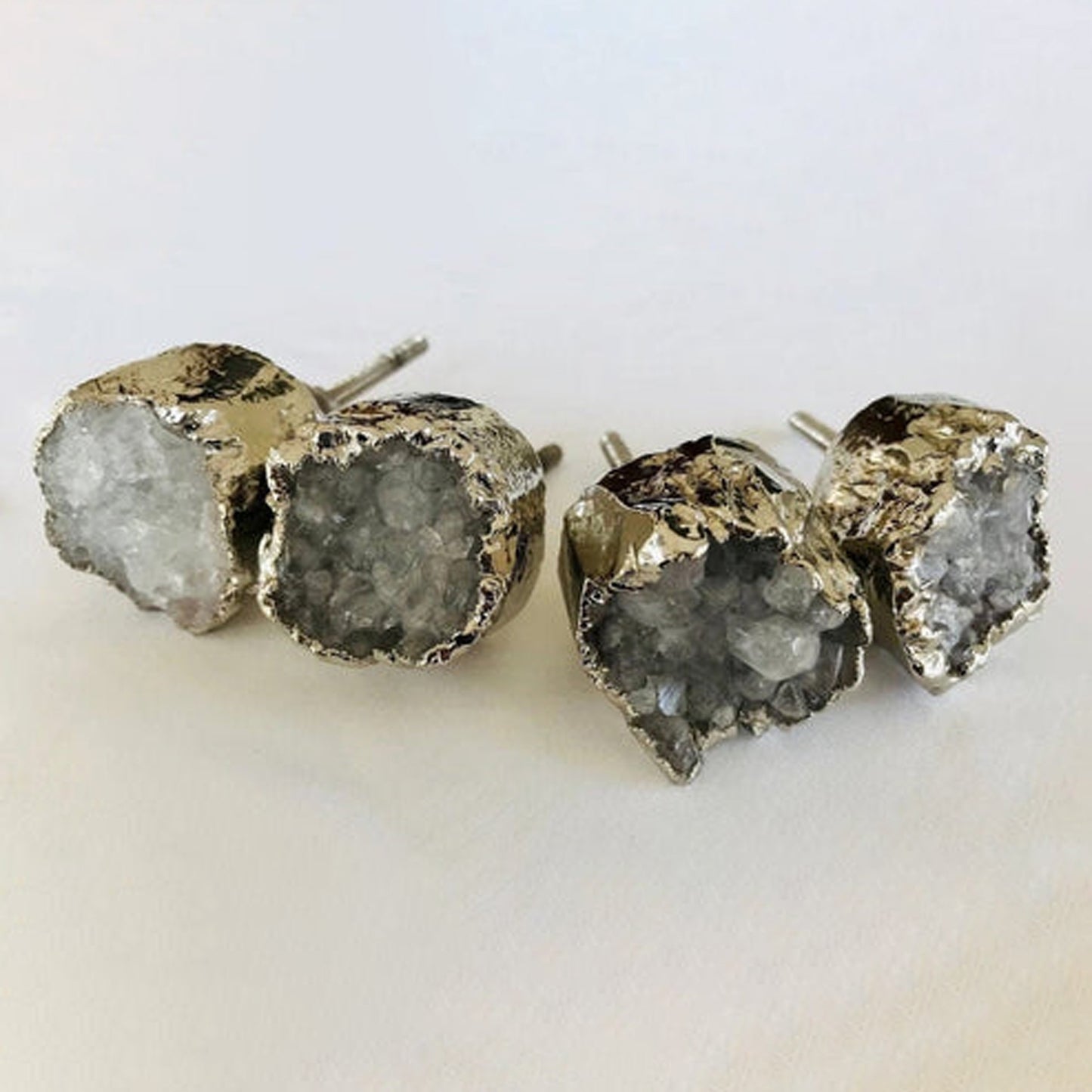 Set of 4 Crystal Druzy Stone Furniture Door Knob Crystal White Cabinet Handle with Silver finish Brass Hardware,Cupboard Pulls Drawer Knobs
