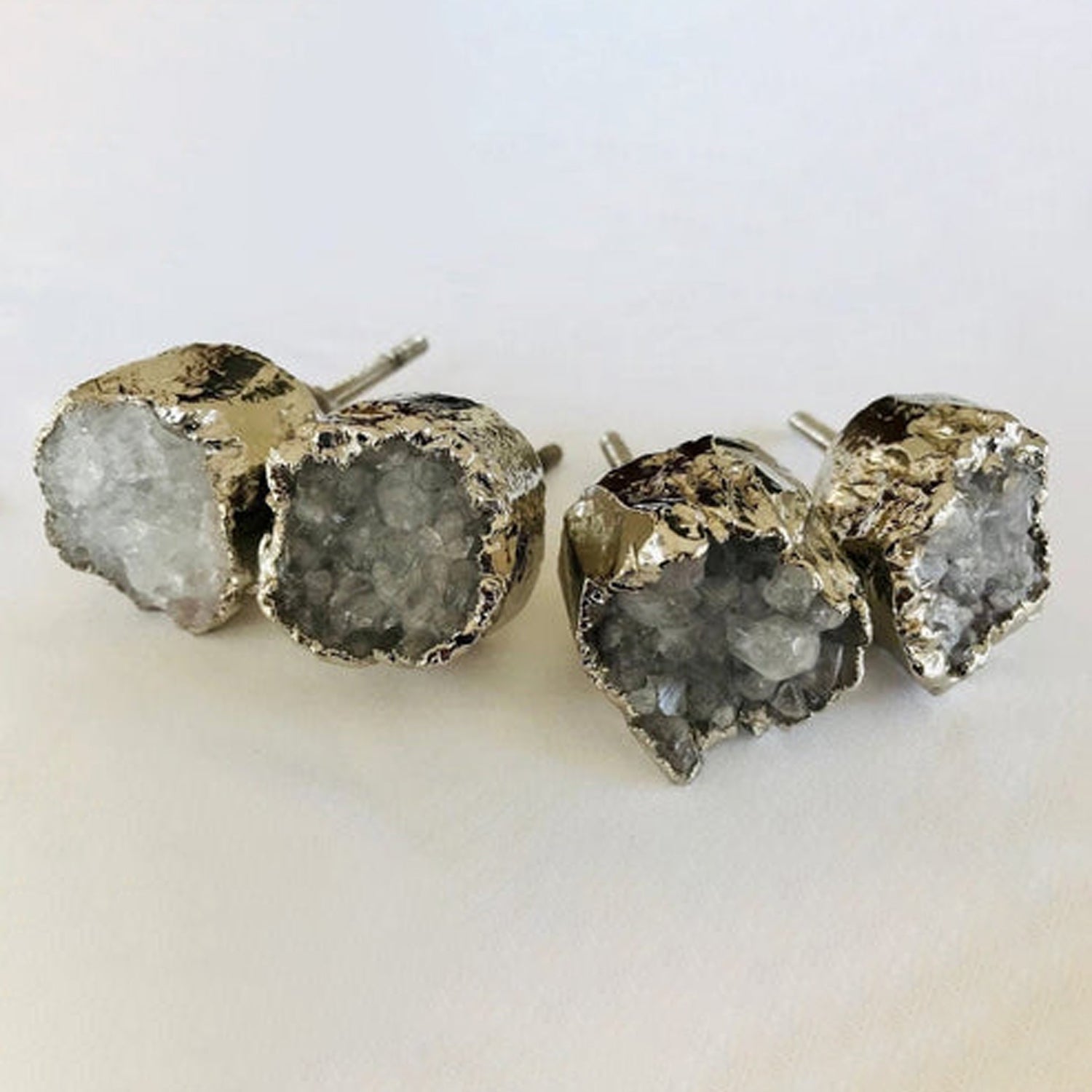 Set of 4 Crystal Druzy Stone Furniture Door Knob Crystal White Cabinet Handle with Silver finish Brass Hardware,Cupboard Pulls Drawer Knobs