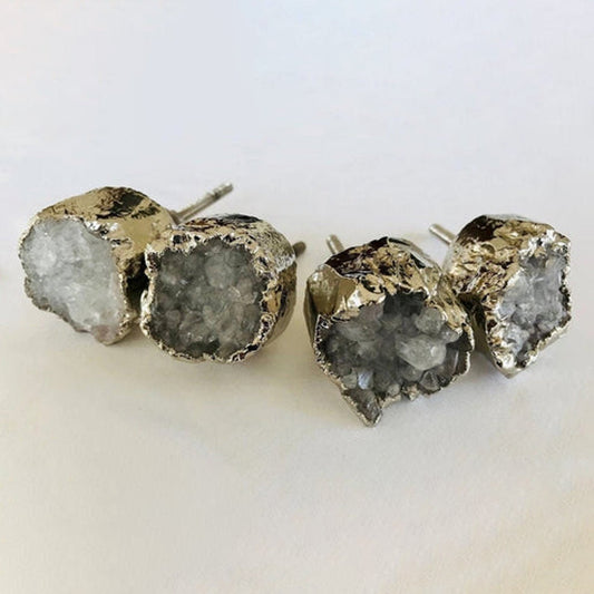 Set of 4 Crystal Druzy Stone Furniture Door Knob Crystal White Cabinet Handle with Silver finish Brass Hardware,Cupboard Pulls Drawer Knobs