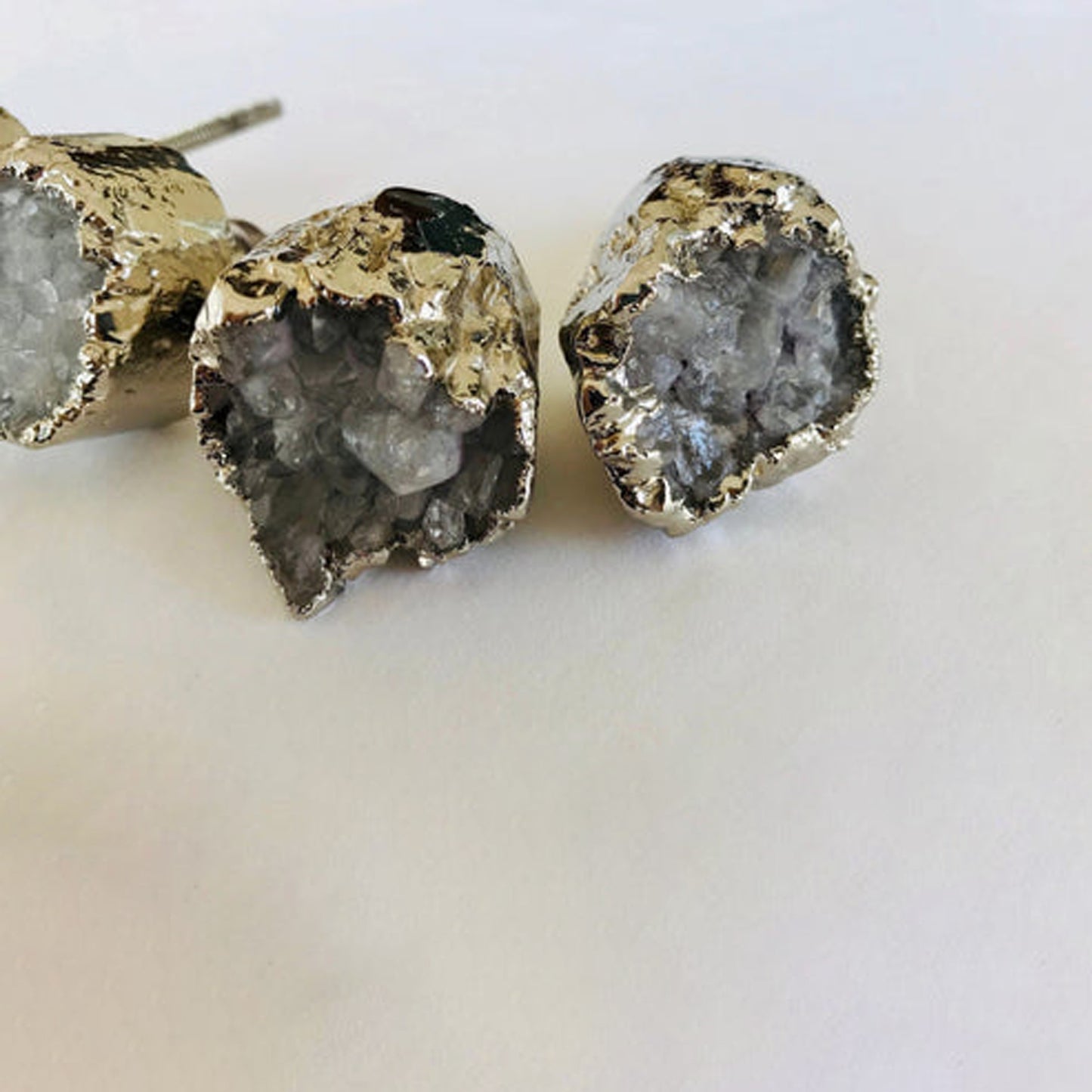 Set of 4 Crystal Druzy Stone Furniture Door Knob Crystal White Cabinet Handle with Silver finish Brass Hardware,Cupboard Pulls Drawer Knobs