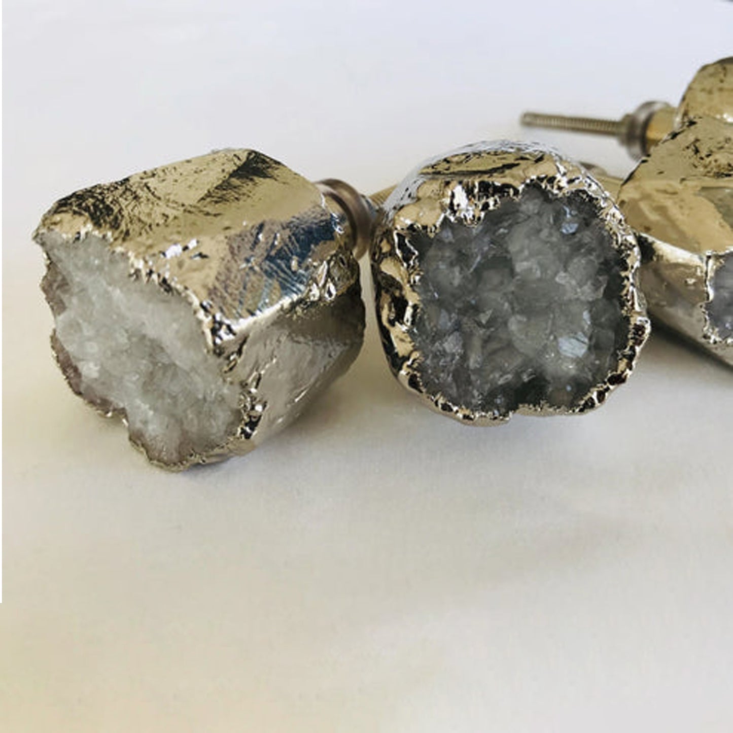 Set of 4 Crystal Druzy Stone Furniture Door Knob Crystal White Cabinet Handle with Silver finish Brass Hardware,Cupboard Pulls Drawer Knobs