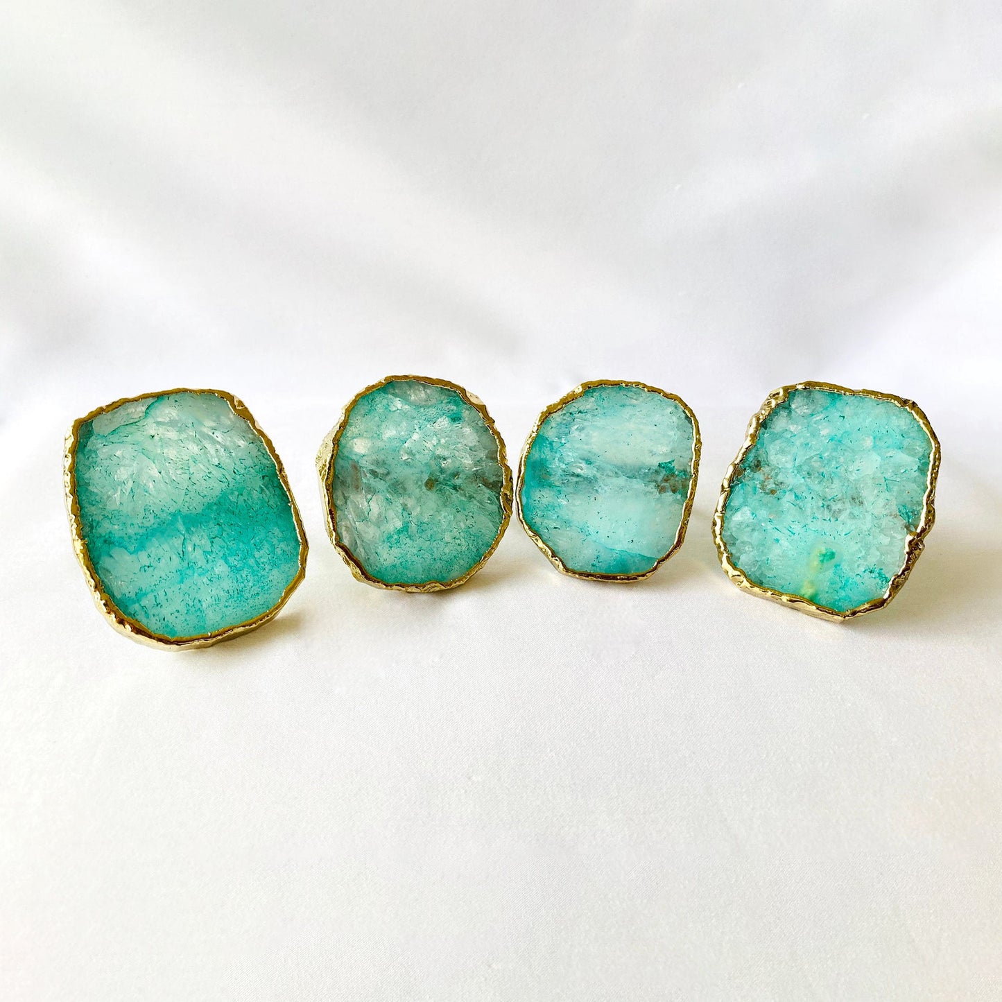 Set of 4 Hand Rounded Aqua Agate Napkin Rings