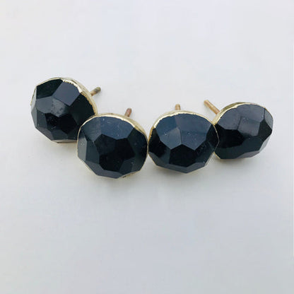 Four round faceted black obsidian cabinet knobs in gold bezels