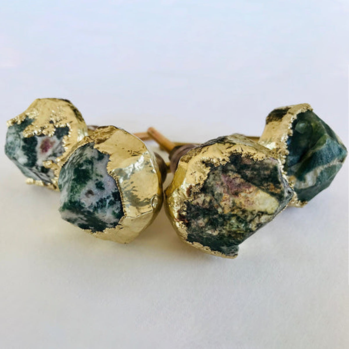 Moss Agate Nugget Cabinet Knobs, Gold