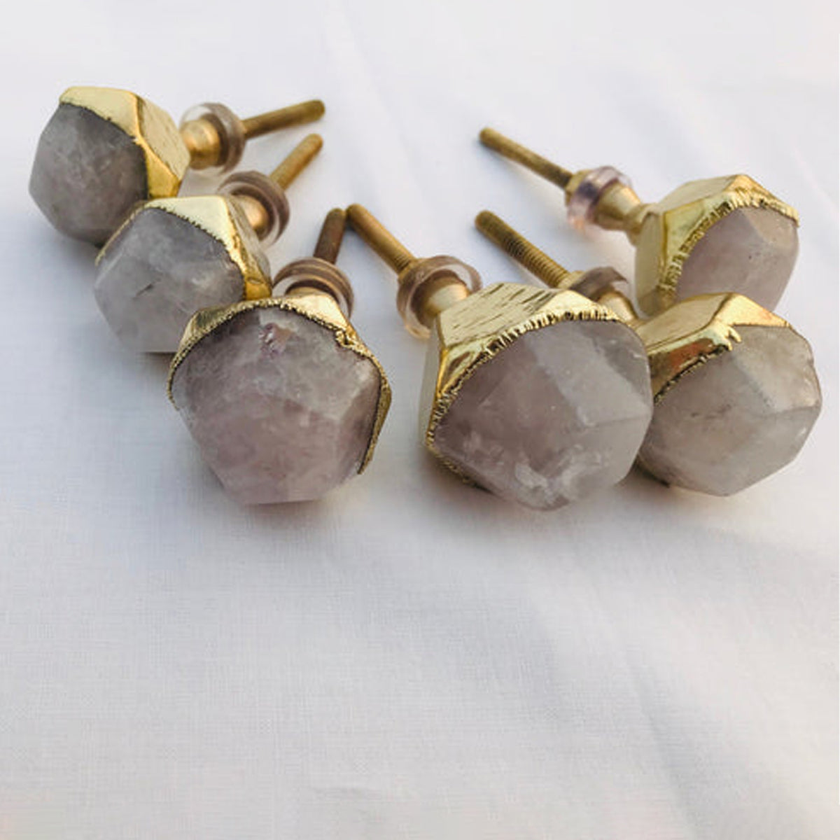 Rose Quartz Gem-Cut Cabinet Knobs, Gold