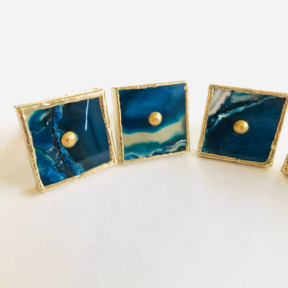 Set of 4 Square Blue Agate Classic Vintage Finish Cabinet Drawer Pull Dresser Handle Knobs