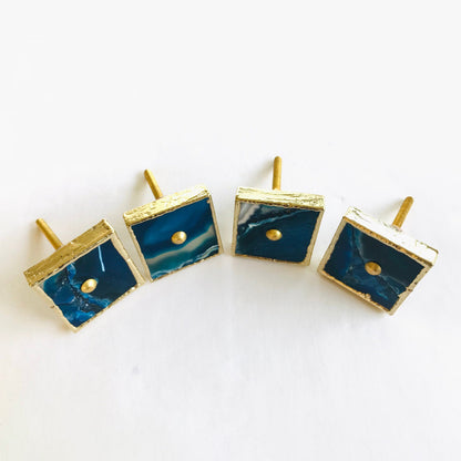 Set of 4 Square Blue Agate Classic Vintage Finish Cabinet Drawer Pull Dresser Handle Knobs