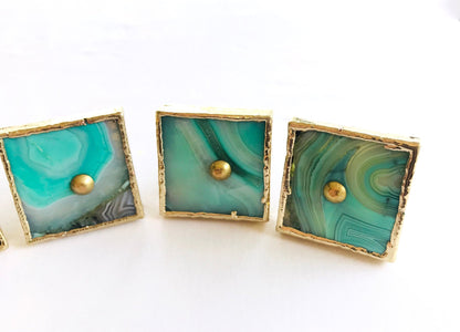 Set of 4 Square Green Agate Classic Vintage Finish Cabinet Drawer Pull Dresser Handle Knobs