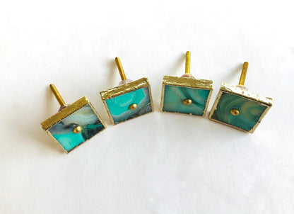 Set of 4 Square Green Agate Classic Vintage Finish Cabinet Drawer Pull Dresser Handle Knobs