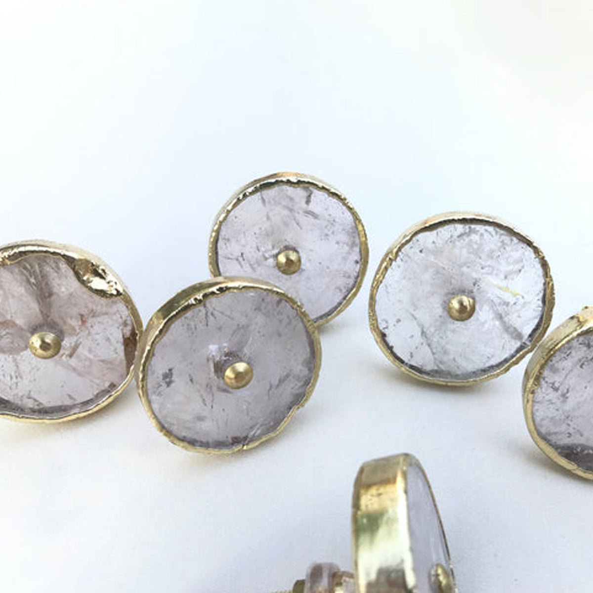 Close-up of round clear quartz knobs