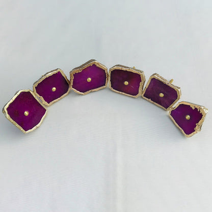 Six magenta agate slice cabinet knobs with gilded rims