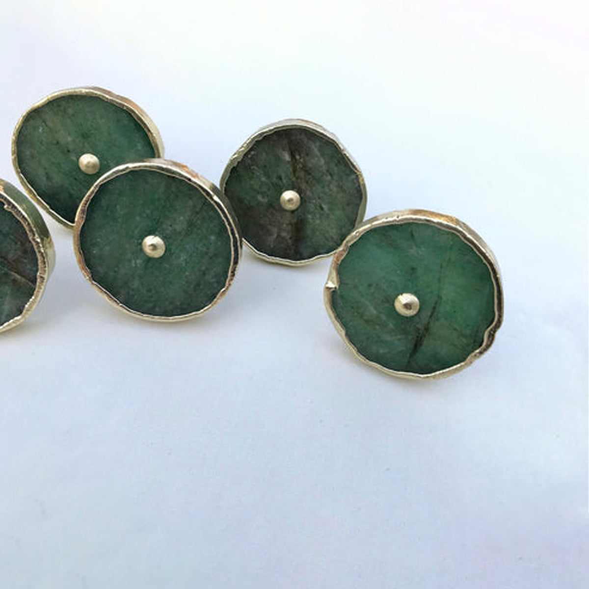 Round sage green agate knobs, mottled mid green, with metal rims
