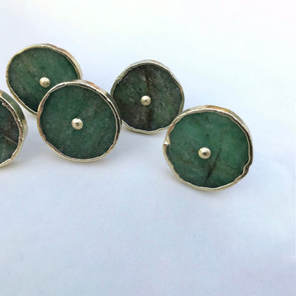 Round sage green agate knobs, mottled mid green, with metal rims