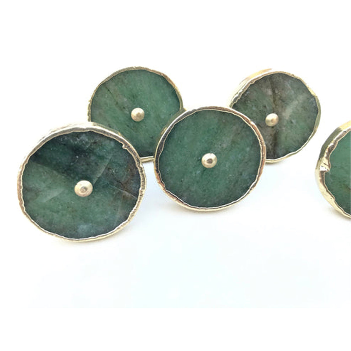 Three round sage green agate knobs, the front one darker with a lighter streak