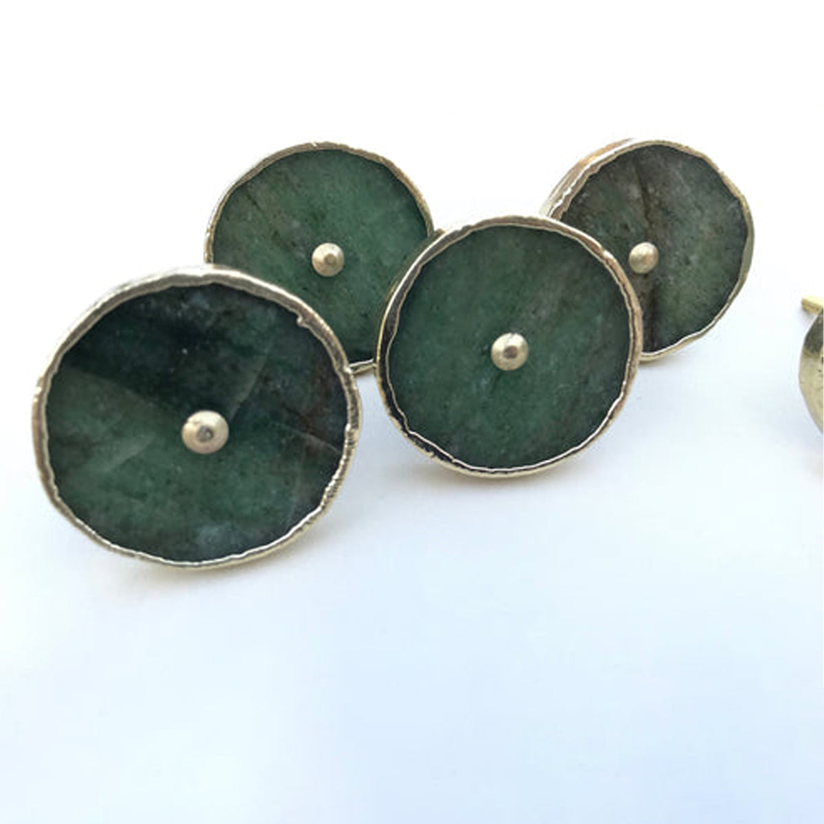 Four round sage green agate cabinet knobs with gilded rims