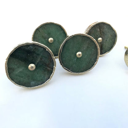 Four round sage green agate cabinet knobs with gilded rims