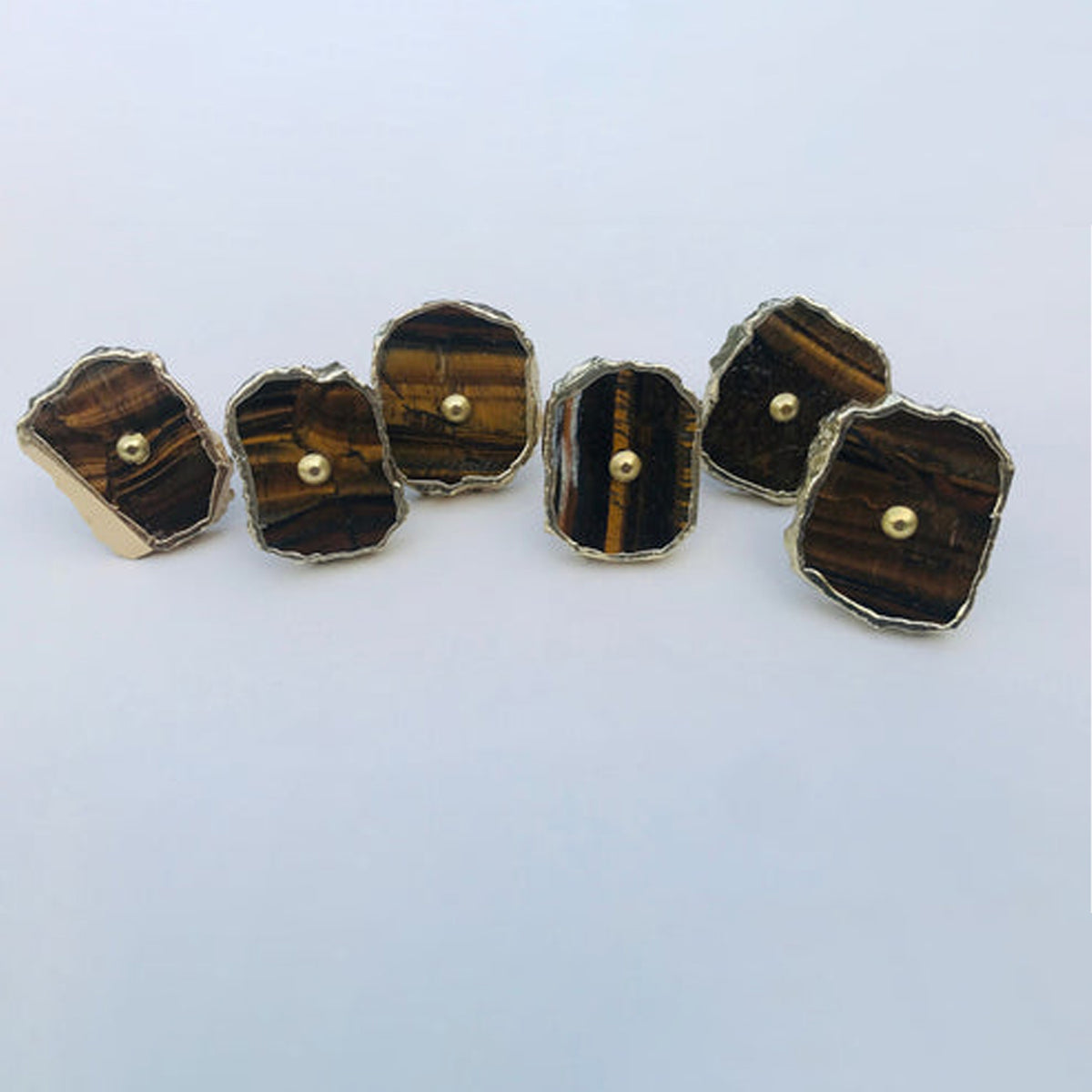 Six tiger agate slice cabinet knobs banded in brown and cream