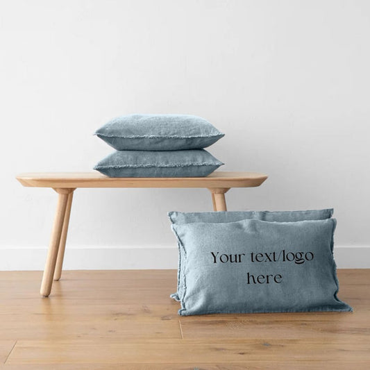 Teal Blue - Set of 2 | Personalised Embroidered Raw/Frayed Edged Pillow/Cushion Covers (Covers only) in Pure Linen | Super Soft | Pre-washed