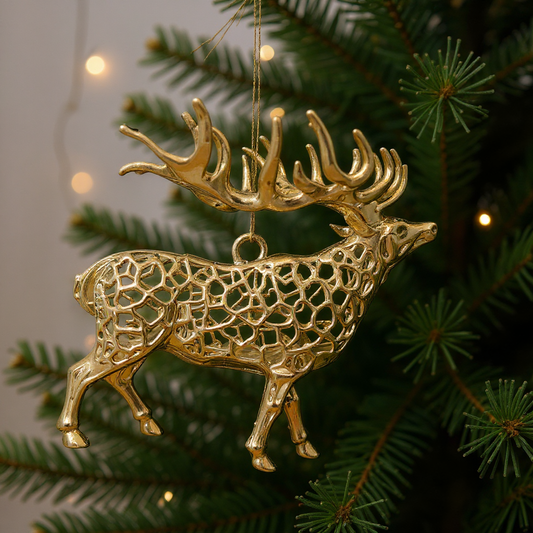 Reindeer Christmas Ornament | Metallic Holiday Tree Décor in Gold, Silver & Antique | Set of 2 or 4
