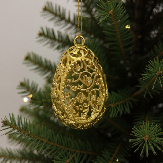 Floral Egg Christmas Ornament | Metallic Tree Decoration in Gold, Silver & Antique | Set of 2 or 4