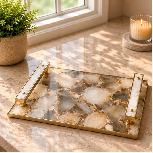 Brown Agate Serving Tray with Clear Quartz Handles