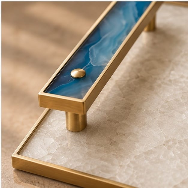 White Crystal Agate Serving Tray with Blue Agate Handles
