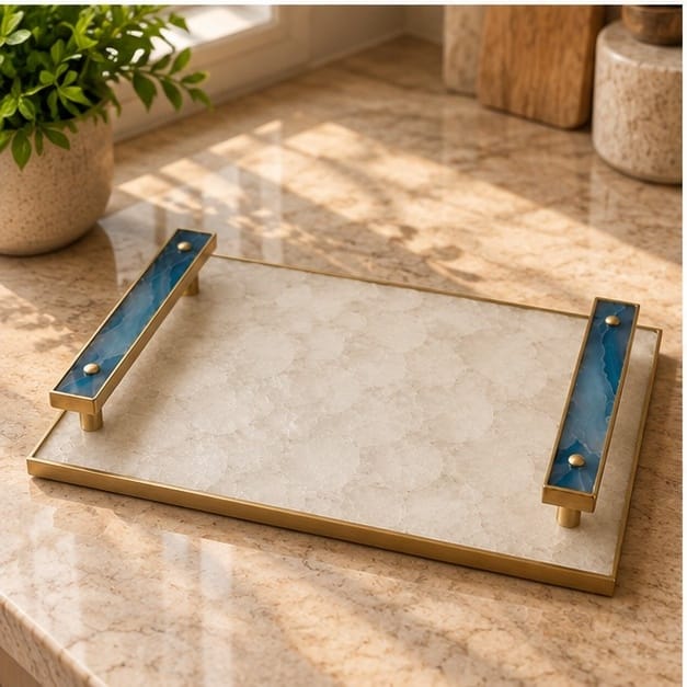 White Crystal Agate Serving Tray with Blue Agate Handles