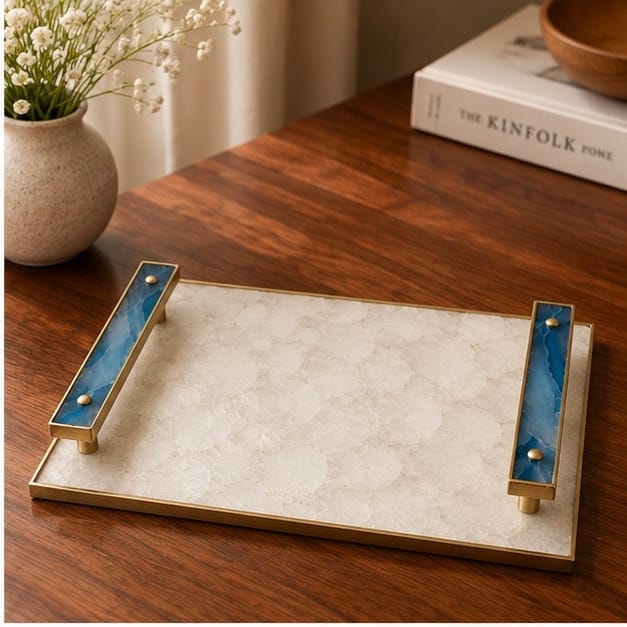 White Crystal Agate Serving Tray with Blue Agate Handles