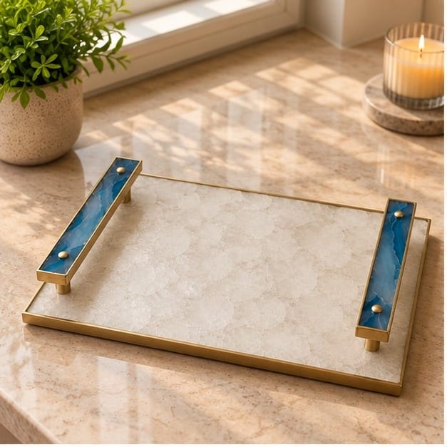 White Crystal Agate Serving Tray with Blue Agate Handles