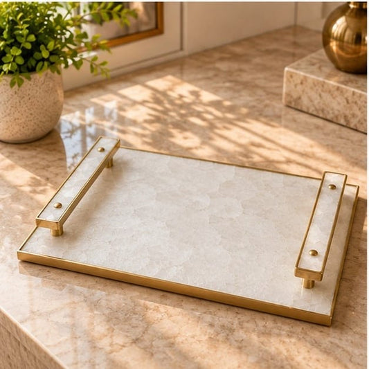 White Crystal Agate Serving Tray with Rose Quartz Handles