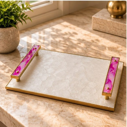 White Crystal Agate Serving Tray with Pink Agate Handles