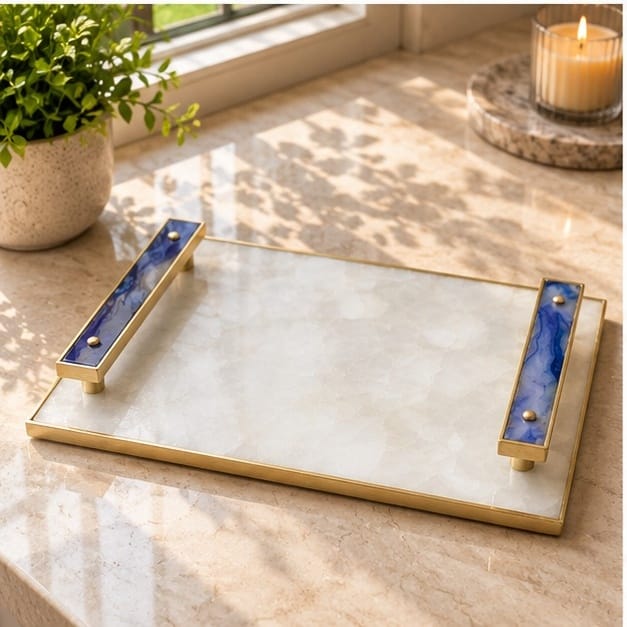 White Crystal Agate Serving Tray with Purple Agate Handles
