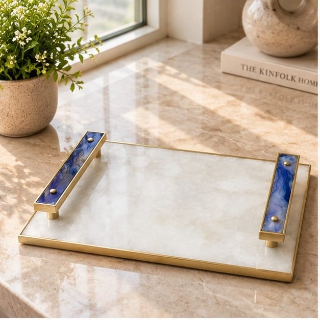 White Crystal Agate Serving Tray with Purple Agate Handles