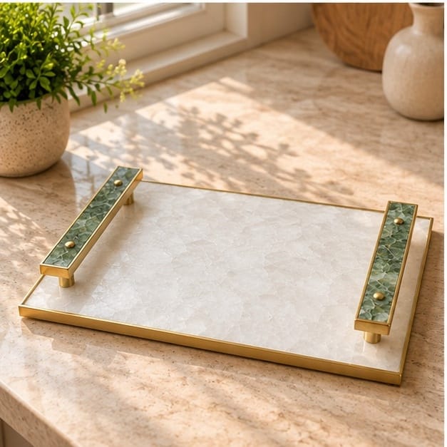 White Crystal Agate Serving Tray with Green Agate Handles