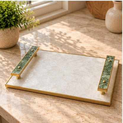 White Crystal Agate Serving Tray with Green Agate Handles