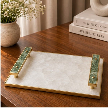 White Crystal Agate Serving Tray with Green Agate Handles