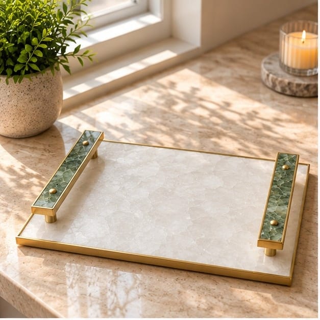 White Crystal Agate Serving Tray with Green Agate Handles
