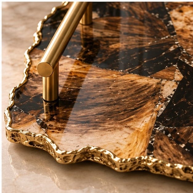 Large Brown Agate Serving Tray With Brass Handles 10"x15"
