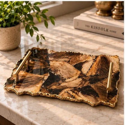 Large Brown Agate Serving Tray With Brass Handles 10"x15"