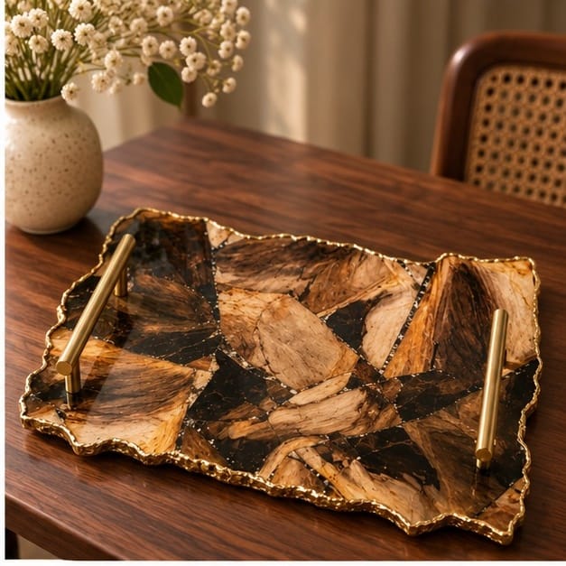 Large Brown Agate Serving Tray With Brass Handles 10"x15"