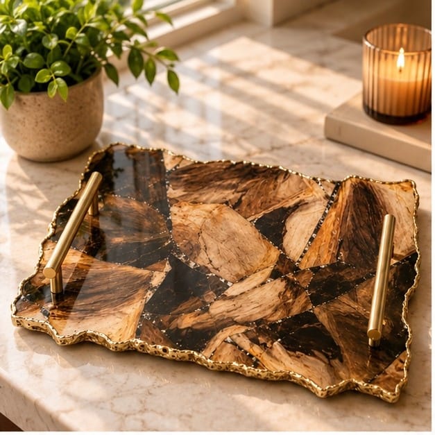 Large Brown Agate Serving Tray With Brass Handles 10"x15"