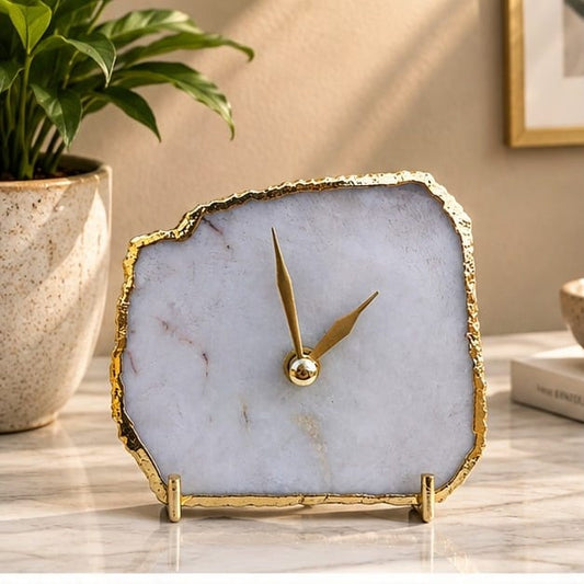 White Agate Desk/Wall Clock | Natural Edge 7 x 5 Inch