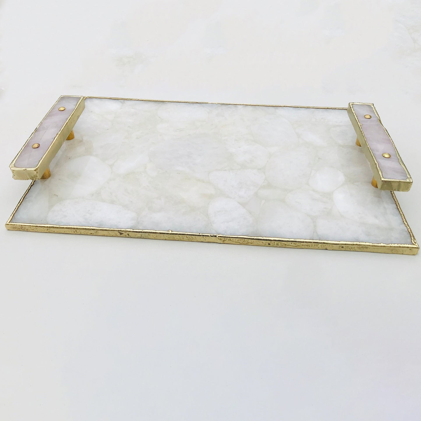 White Crystal Agate Plated Serving Tray With Clear Quartz Handles/Personalised Momentos/Sign Boards