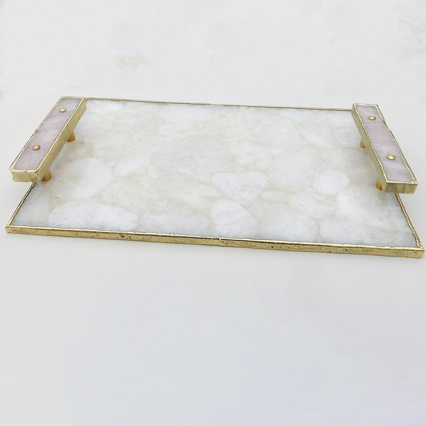 White Crystal Agate Plated Serving Tray With Clear Quartz Handles/Personalised Momentos/Sign Boards
